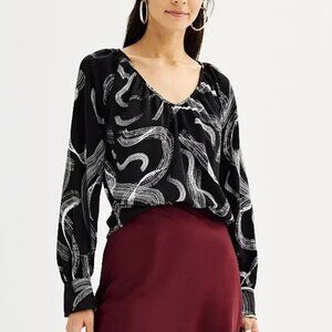 NINE WEST Womens Top Size Large Black White Print Blouson Peasant Blouse NWT